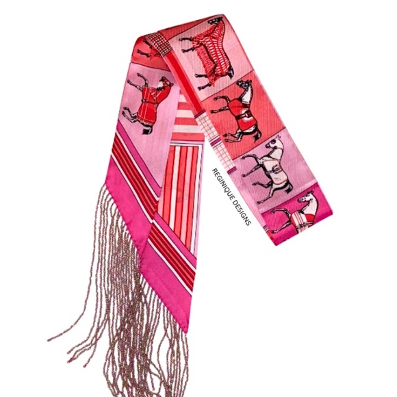 SeraBijoulet™ Handcrafted Silk Skinny Scarf with Beaded Fringe - Picture 5 of 7